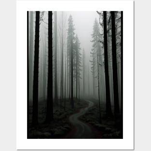 Pathway in a Misty Pine Forest Posters and Art